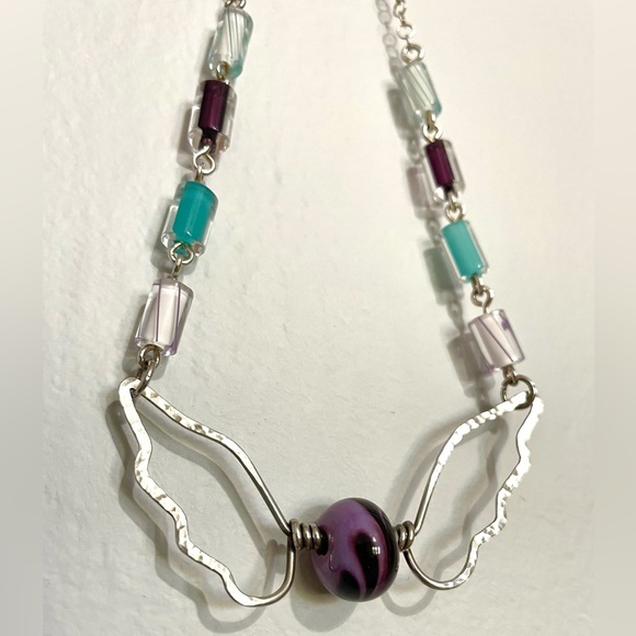 Handmade Sterling‎ Bat Wing Necklace Lampwork Beaded Chain Purple Turquoise - Picture 5 of 9